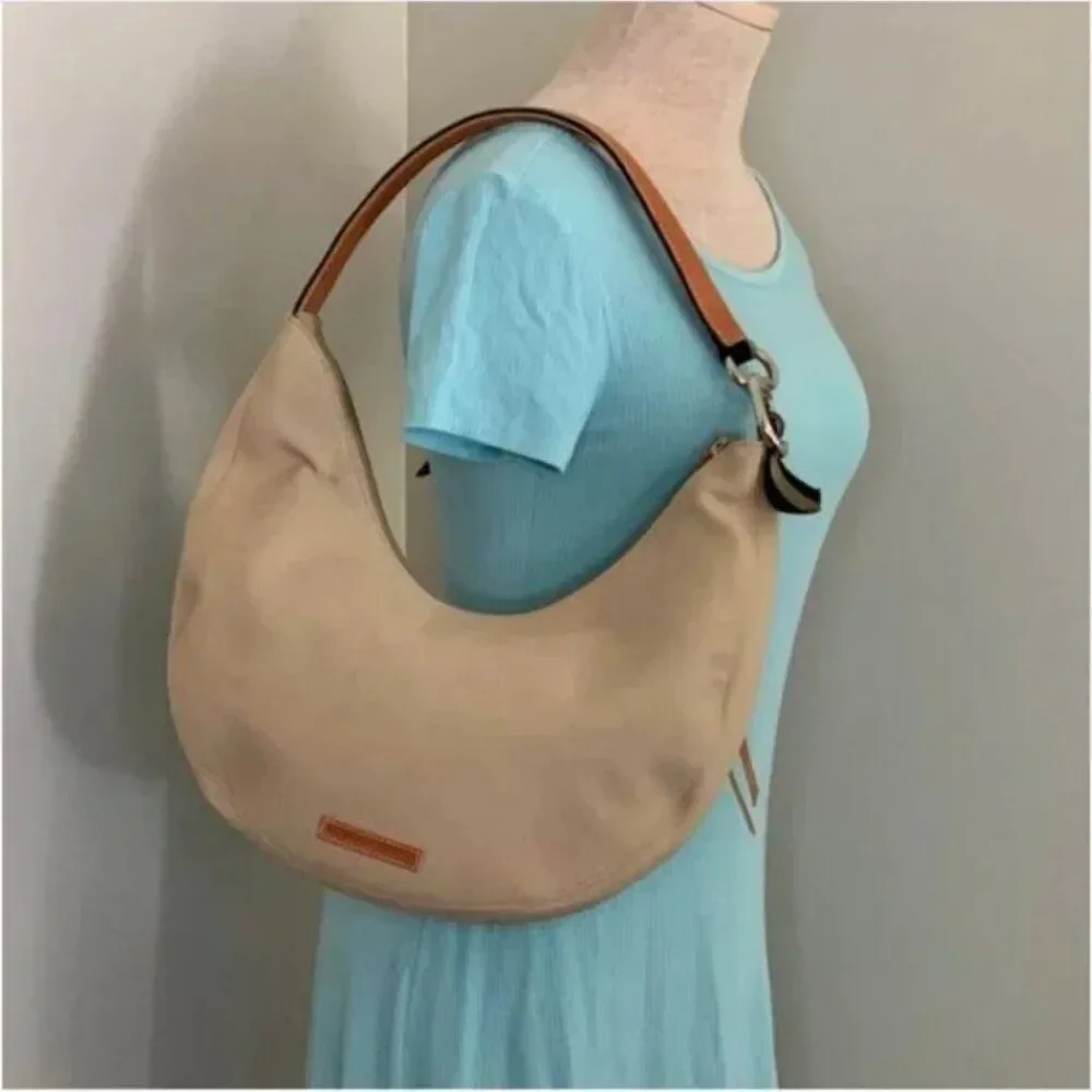 BCBGMAXAZRIA Canvas Bohemian Hobo Tan Bag with Leather Strap